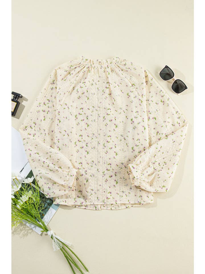 Red Floral Embroidered Lace Bubble Sleeve Shirt for wholesale on Faire