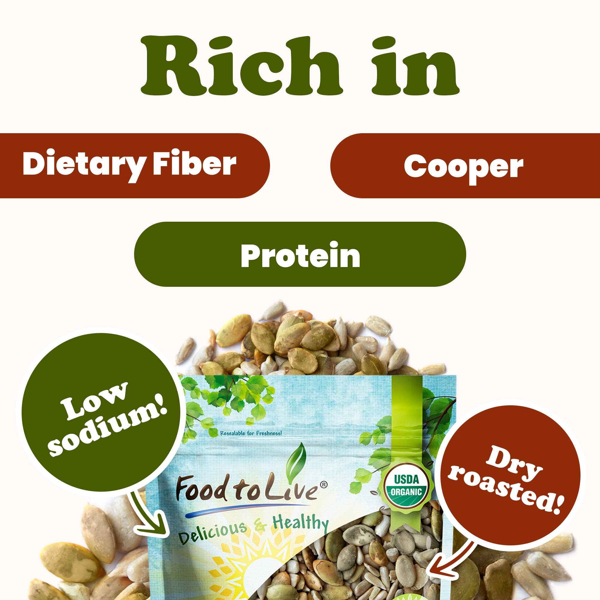 Food To Live – Engroshandel Frø/Kerner – Økologisk tørret ristede solsikke- og græskarkerner mix5