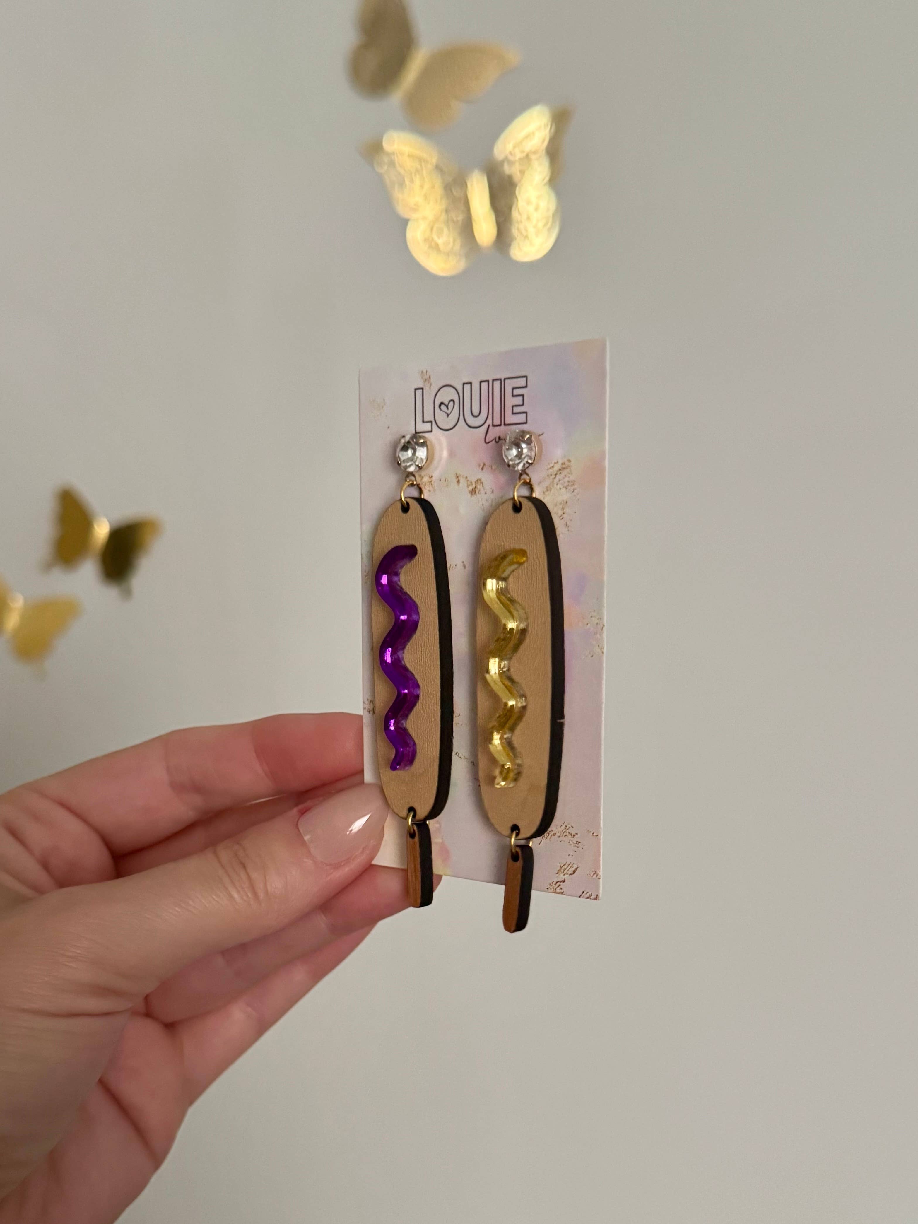 Louie Love - Wholesale Dangle Earrings - Acrylic Gameday LSU Purple Gold Corn Dog Earrings4