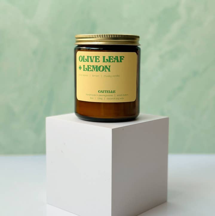 Caitelle - Wholesale Jar/Filled Candle - Olive Leaf + Lemon Handmade Coconut Soy Wax Candle1