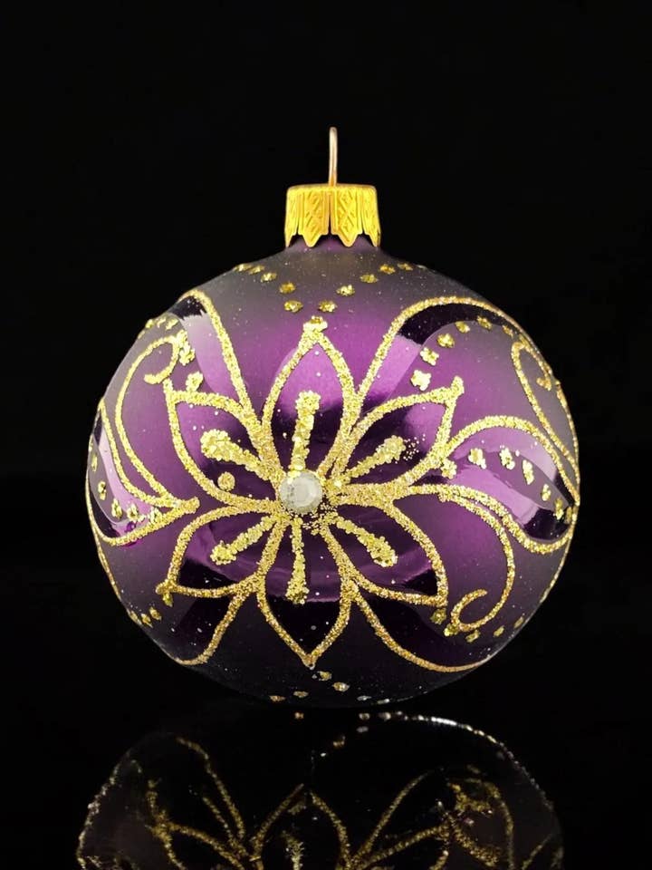 Purple Blown Glass Ornament - Handcrafted - Poinsettia Design for wholesale by Glass by Iness