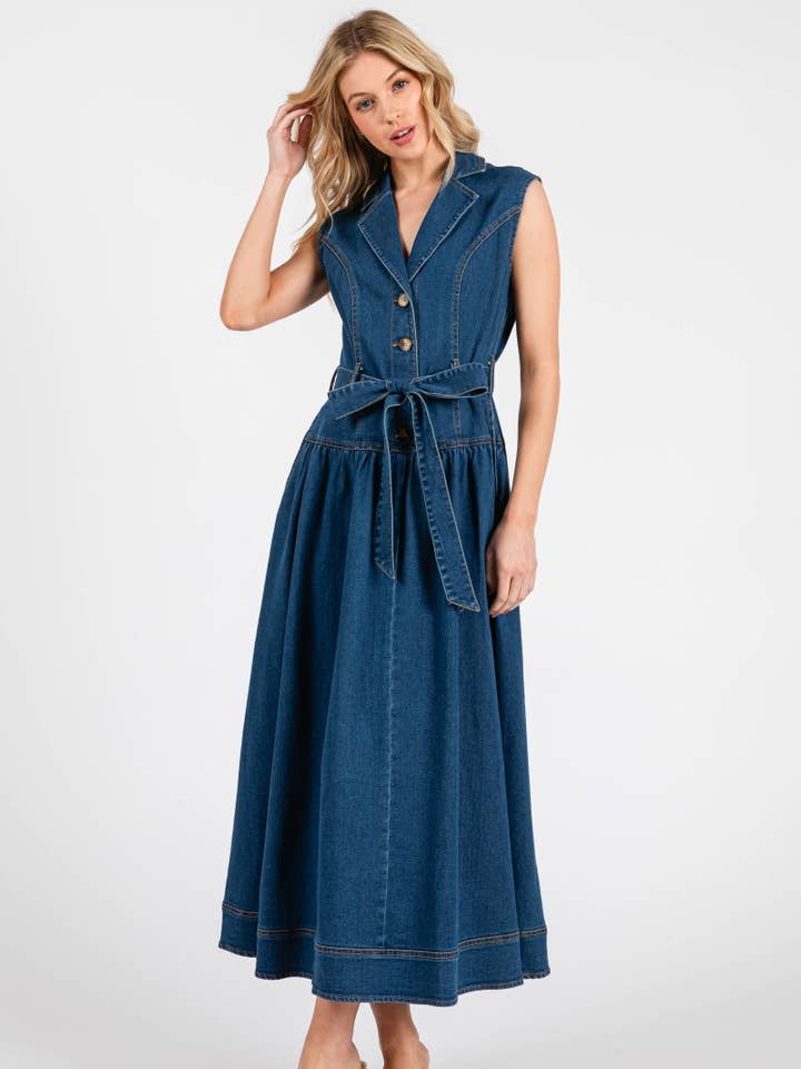 Vestido Maxi Abotonado de Mezclilla Lavada HD3133-DENIM OSCURO para venta al por mayor de B I G H I T Fashion