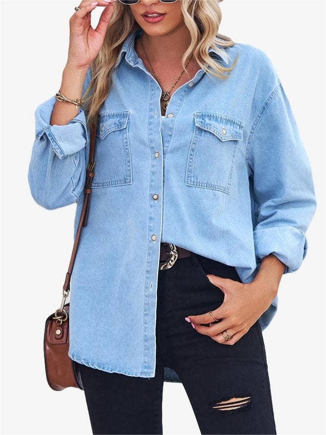 Light Blue Long Sleeve Button Down Denim Shirt for wholesale on Faire2
