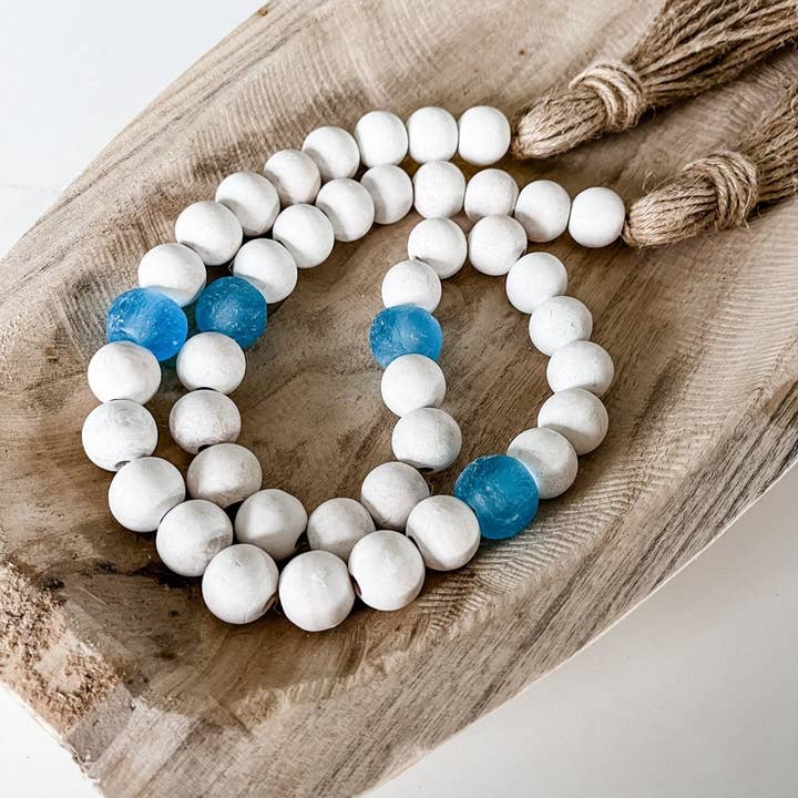 Whitewashed Wood Bead Garland with Jumbo Ice Blue Recycled Glass Beads for wholesale by sonder & wolf