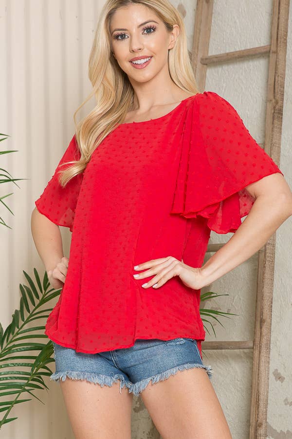 Orange Farm Clothing - Wholesale Blouse - Women's - Swiss Dot Flutter Sleeve Blouse-Solid4