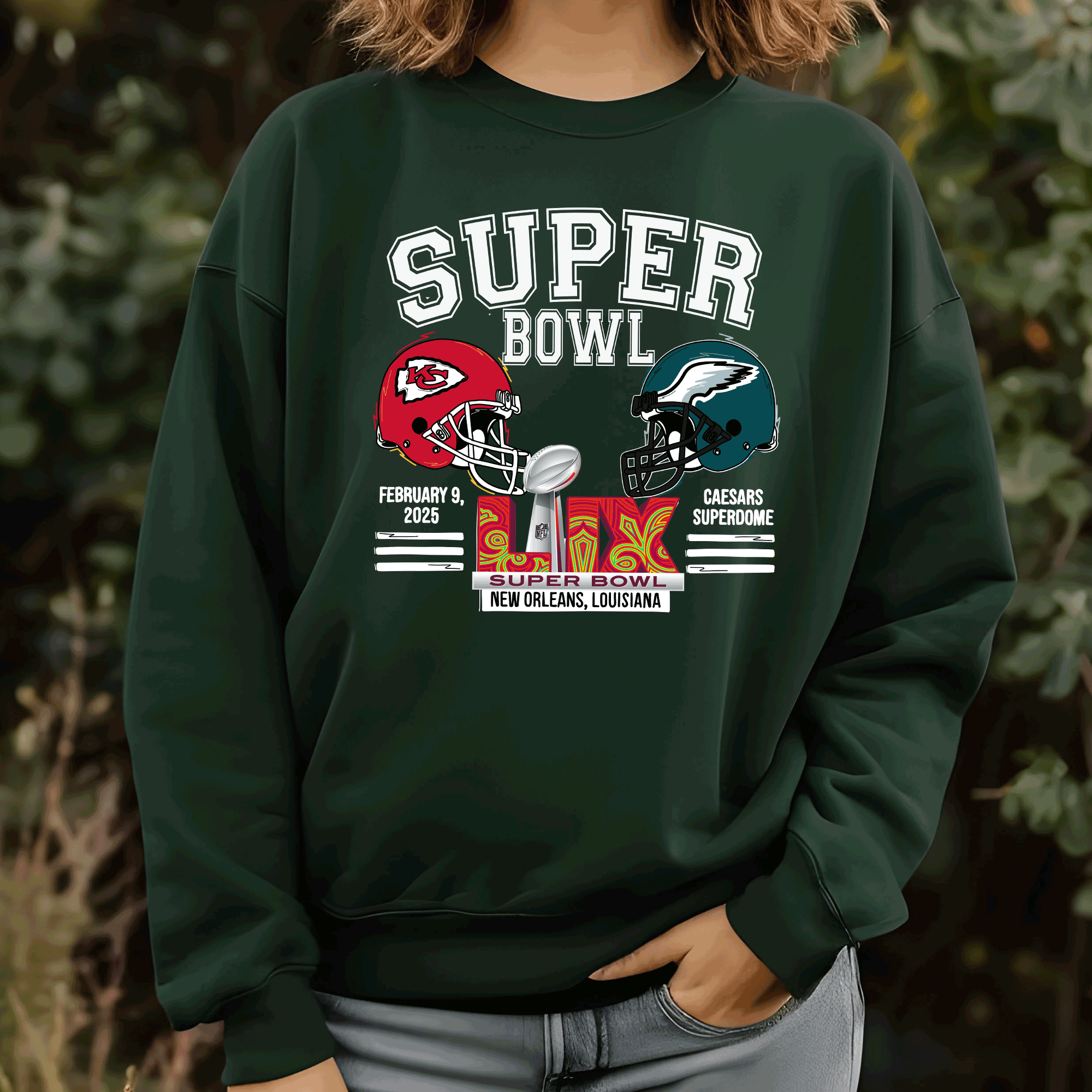 A Blessed Texas Mess Boutique - Wholesale Graphic Sweatshirt - Women's - Super Bowl 2025 Chiefs New Orleans Eagles 3