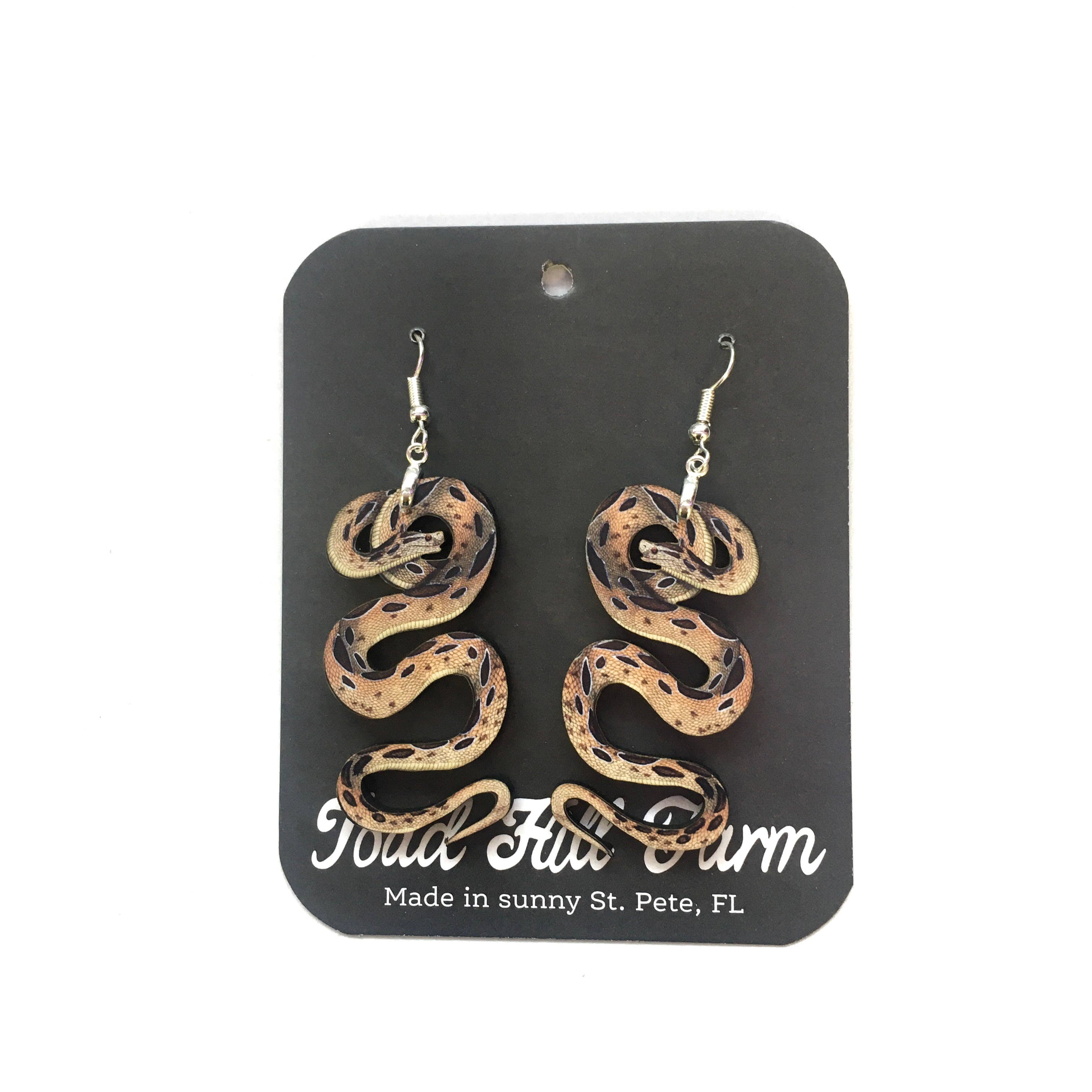 Toad Hill Farm - Wholesale Dangle Earrings - Yellow Python Earrings - Exotic Pets - Laser Cut Wood1