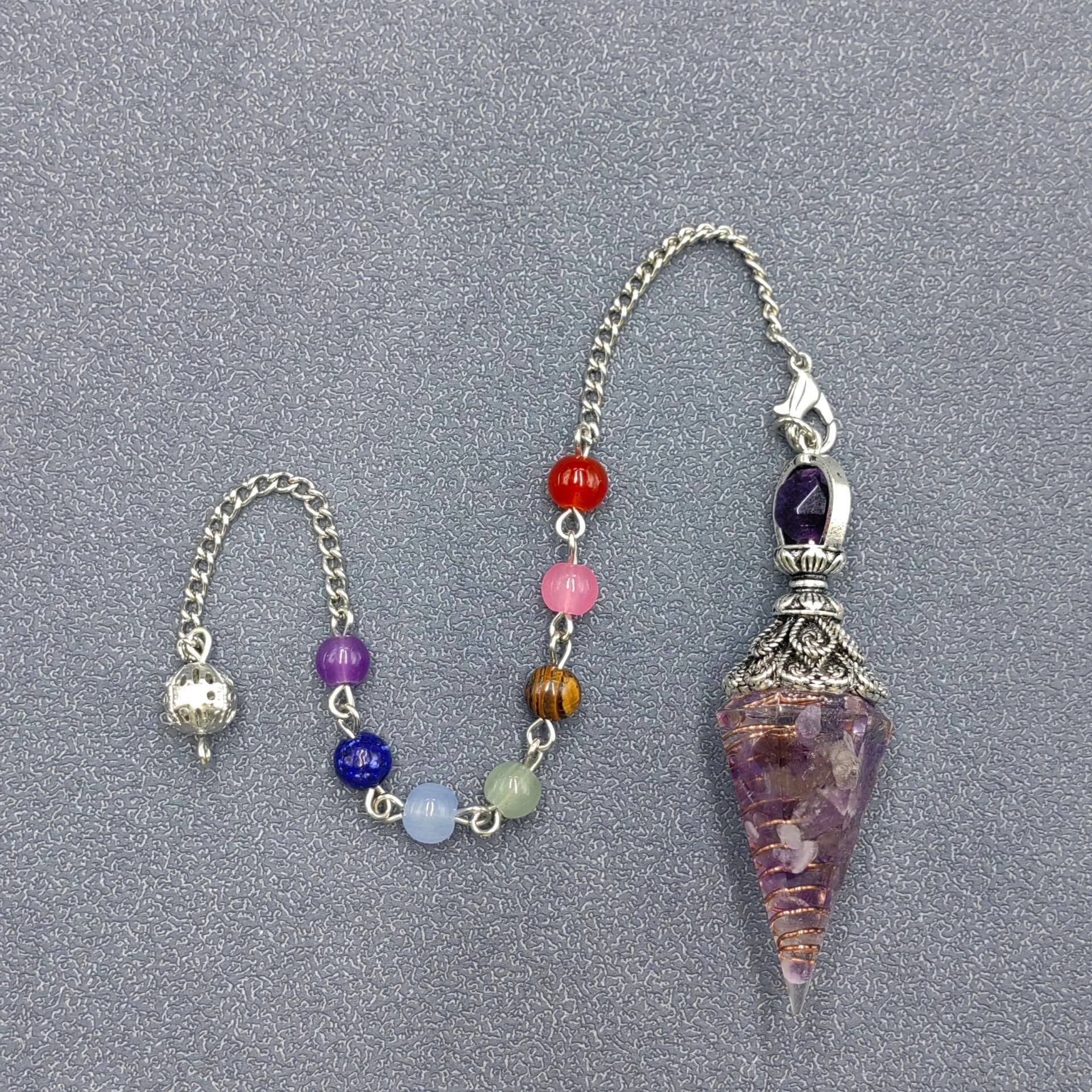 Mio Queena - Wholesale Spiritual Stone/Crystal - Hexagonal Cone Gravel Pendulum with Chakra Chain - CS24