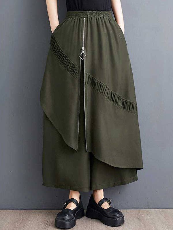 Plush Looks - Wholesale Pants - Women's - High Waisted Loose Elasticity Pleated Pockets Split-Joint Zipper Culotte Pants2
