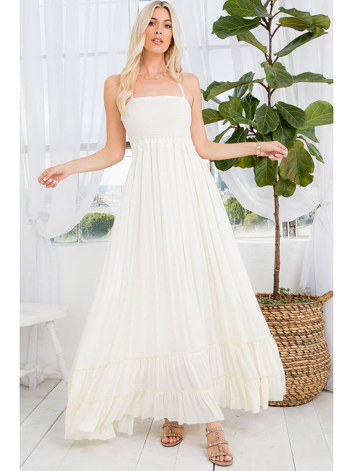 Sweet Lovely by Jen – Großhandel Kleid – Damen – MAXIKLEID MIT RÜCKENAUSSCHNITT UND GESMOKTEM STUFENROCK52