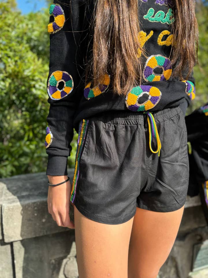 Pantalones cortos de viscosa con rayas y lentejuelas para adultos - Negro para venta al por mayor de Mardi Gras Creations