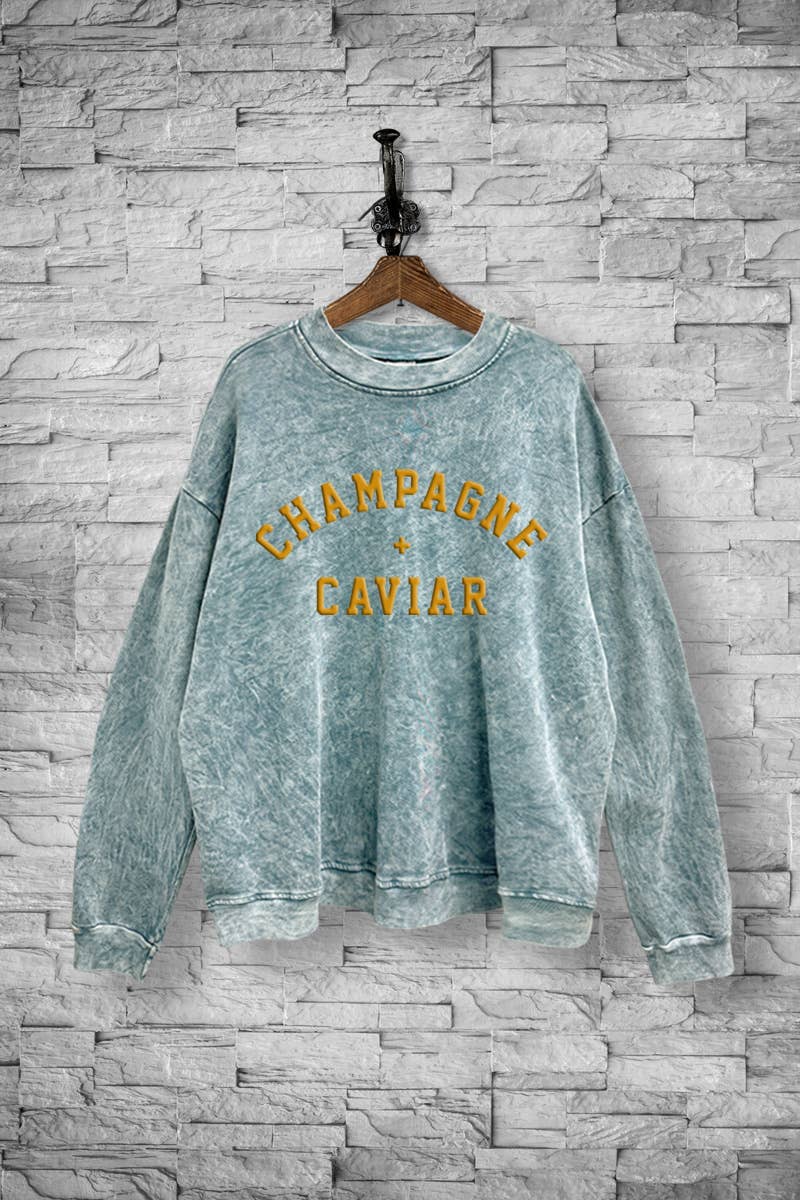 VINTAGE POINT USA – Engroshandel Grafisk Sweatshirt - Dame – "CHAMPAGNE & CAVIAR" GRAFISK MINERALVASKET SWEATSHIRT4