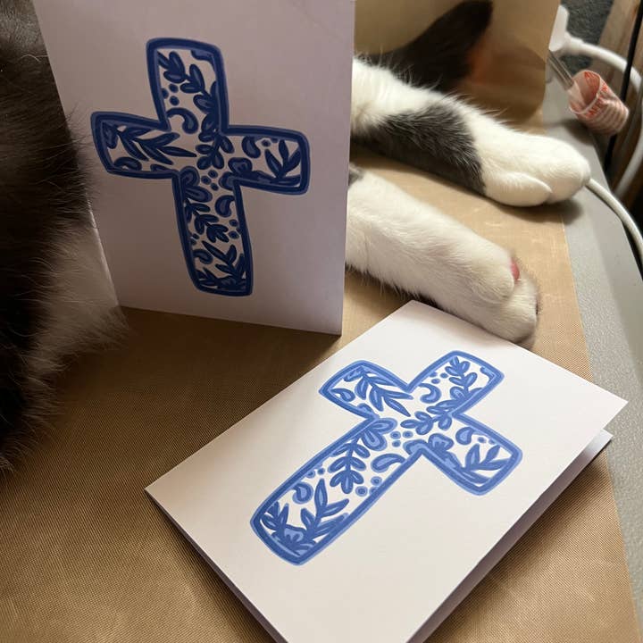 Blue and White Flower Cross folded note cards for wholesale by Every Southern Belle Boutique