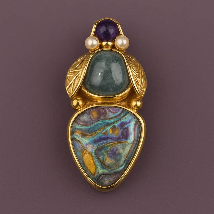 Artisan 14K Gold Insect Brooch With Opal, Pearl, Amethyst for wholesale by Wilde Aesthetics