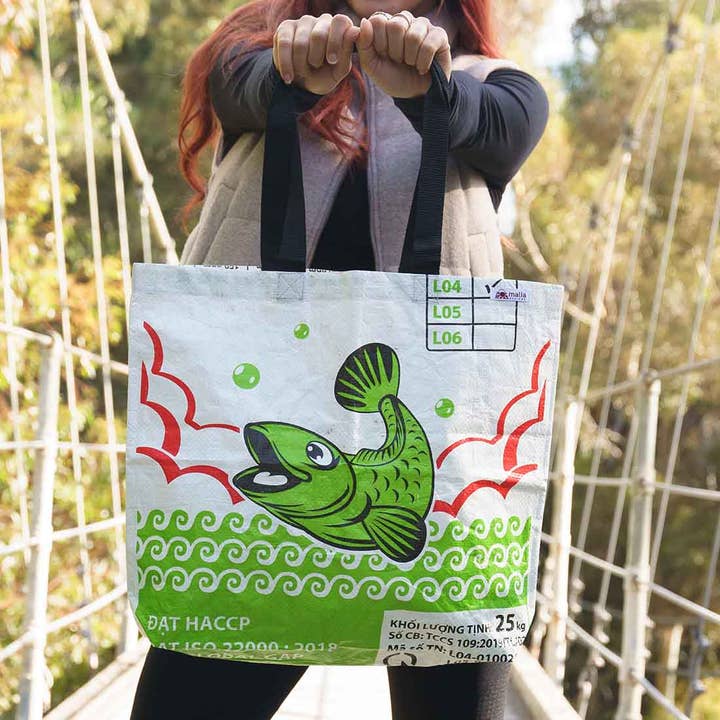 Fun Fish Recycled Tote - Green Koi Fish - New Color! for wholesale by Malia Designs