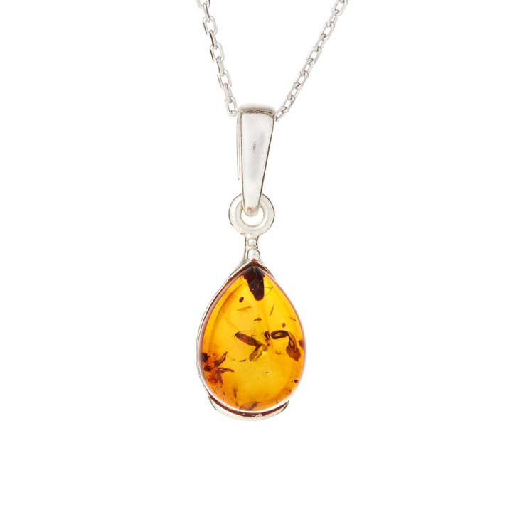 Amber cognac drop pendant, sterling silver 925, height 1+08 cm for wholesale by OPALOOK France