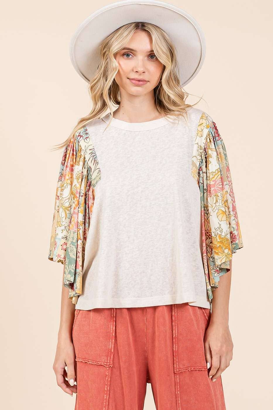 mittoshop - Wholesale Blouse - Women's - FLORAL PATCHWORK PRINT RUFFLE FLUTTER SLEEVE TOP8