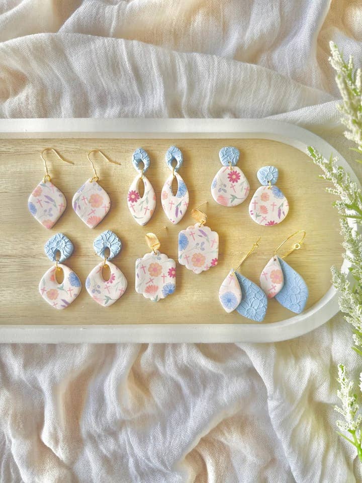 Floral Cross Earrings, Cross Clay Earrings, Cross Earrings for wholesale by SeizeTheClayJewelry