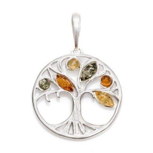 Multicolored amber tree of life pendant, silver, 2.5+1 cm for wholesale by OPALOOK France