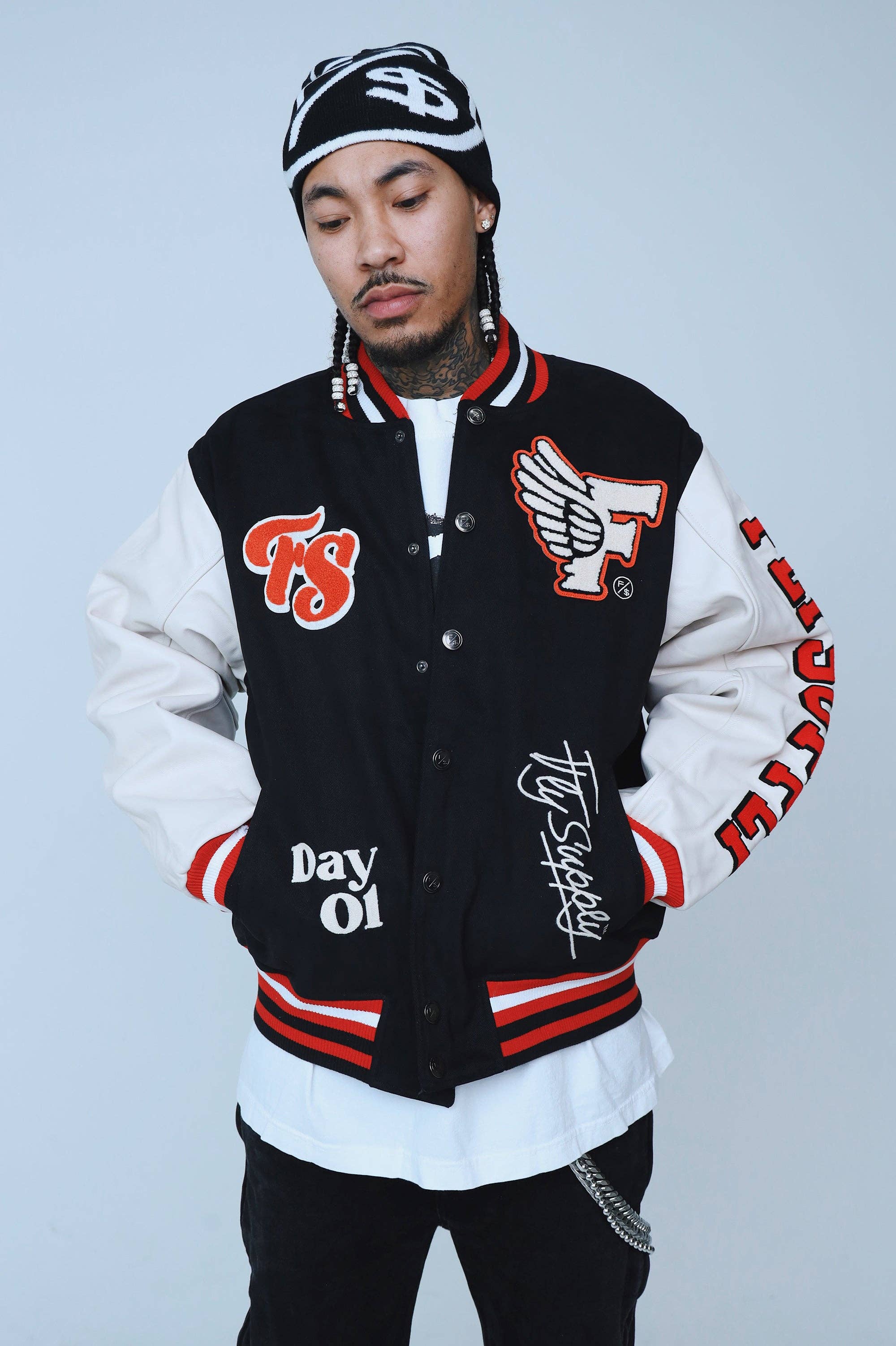 Denim Manifest Varsity Jacket (Black) for wholesale on Faire21