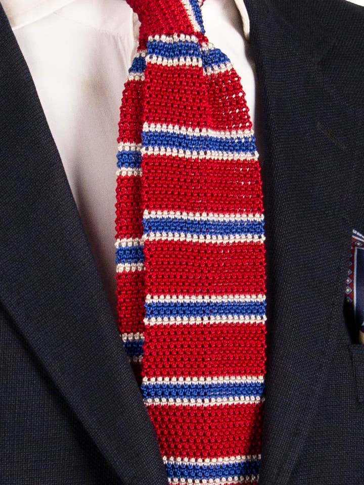 Red Silk Knit Tricot Tie with Bluette and White Stripes TRI860 for wholesale by Graffeo Cravatte