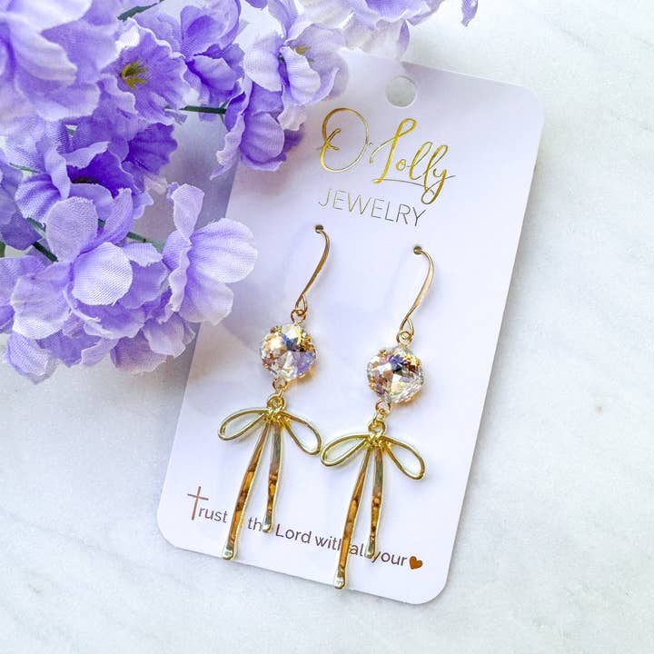 O’Lolly Jewelry - Wholesale Dangle Earrings - "Blakely"- Clear 10mm Stone w/Gold Bow Dangle Earrings