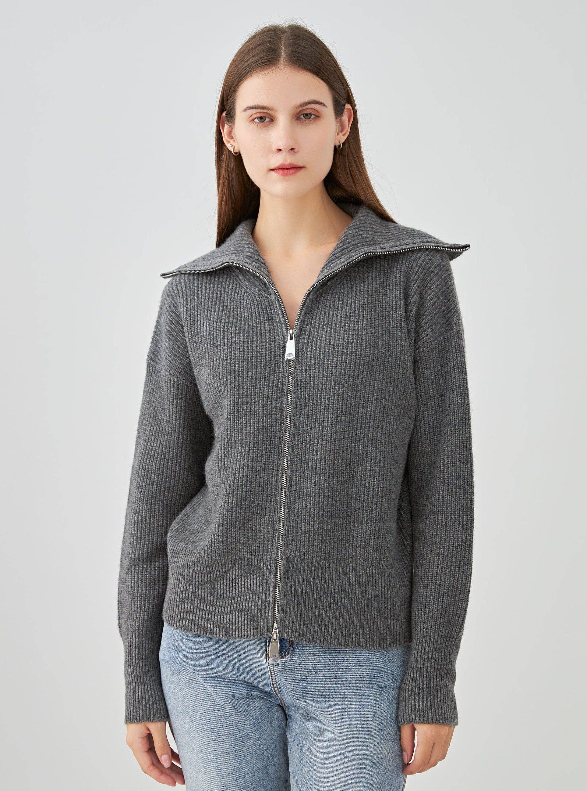 jw.atelier - Wholesale Knit Sweater - Women's - High-neck zip-up cardigan 100% cashmere 4-ply