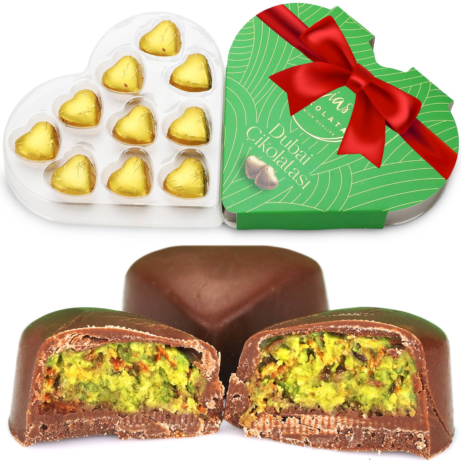 Ceres Gourmet - Wholesale Chocolate Box - Heart-Shaped  Dubai Chocolate Pistachio 10 Pcs4