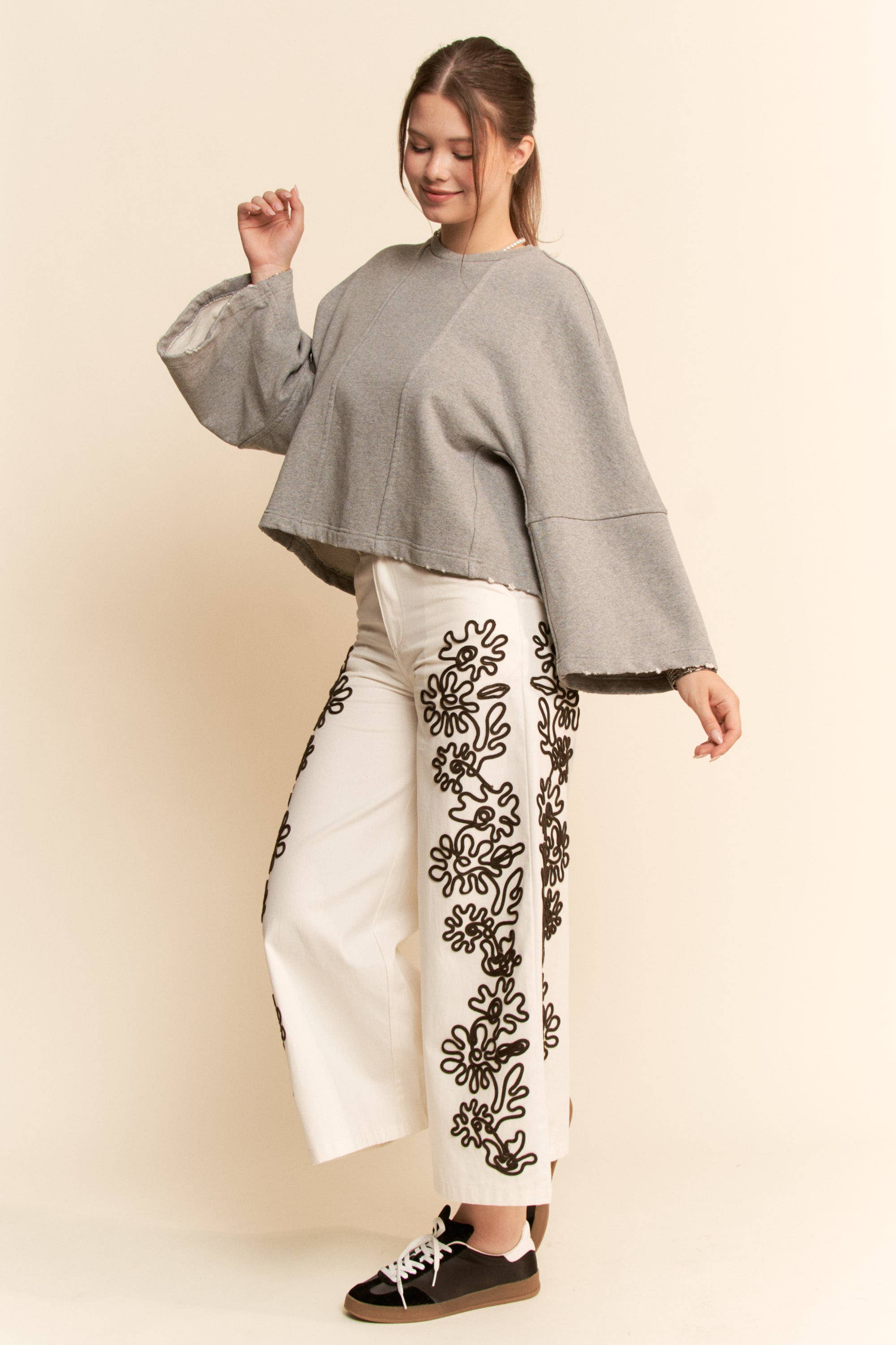 Heather Grey OVERSIZED BELL-SLEEVE RAW HEM SWEATSHIRT for wholesale on Faire8