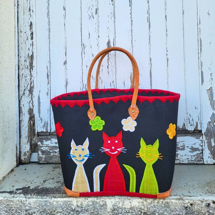 Nature et Fibre - Wholesale Basket - Embroidered tote basket "Colorful Cats" – Natural fiber2
