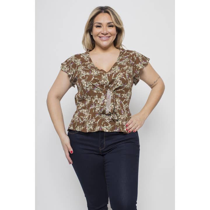 PLUS SIZE FLORAL TIE FRONT TOP for wholesale by Curve Market