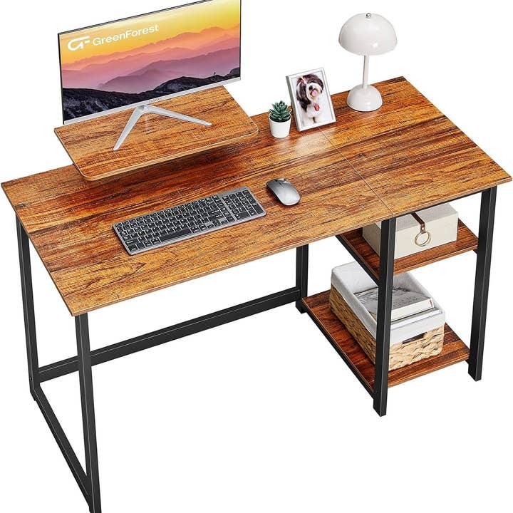 Walnut Compact Computer Desk with Monitor Stand and Shelves for wholesale on Faire