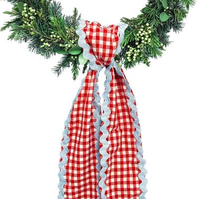 Preppy Red Gingham Blue Ric Rac Wreath Sash for wholesale by Rouge 225