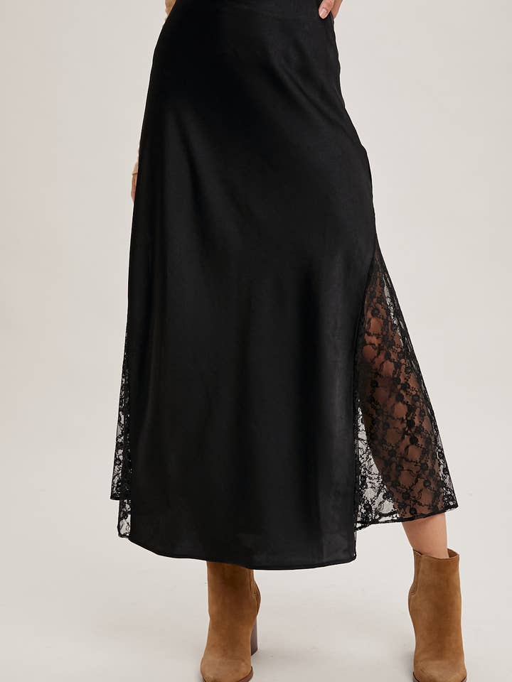 Bluivy - Wholesale Skirt - Women's - LACE TRIMMED MID-RISE SATIN MIDI SKIRT