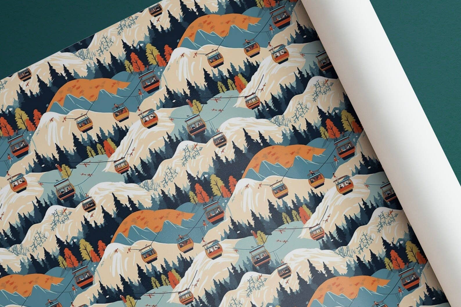 Olivias Paper - Wholesale Flat Wrap - Alpine Ski Gondolas & Mountains Wrapping Paper Gift Wrap1