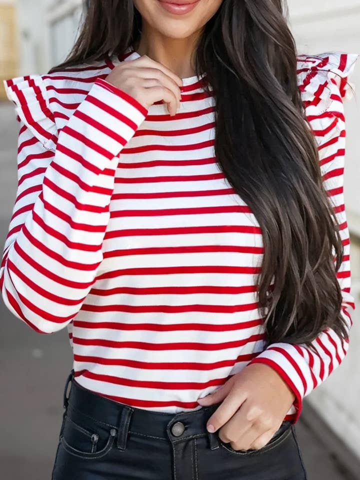 Striped Ruffle Shoulder Long Sleeve Tee | S-XL for wholesale by Aapparella