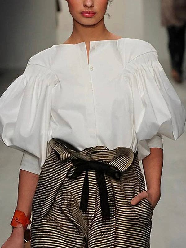 FurDecoration - Wholesale Blouse - Women's - Buttoned Puff Sleeve Solid Color Blouse