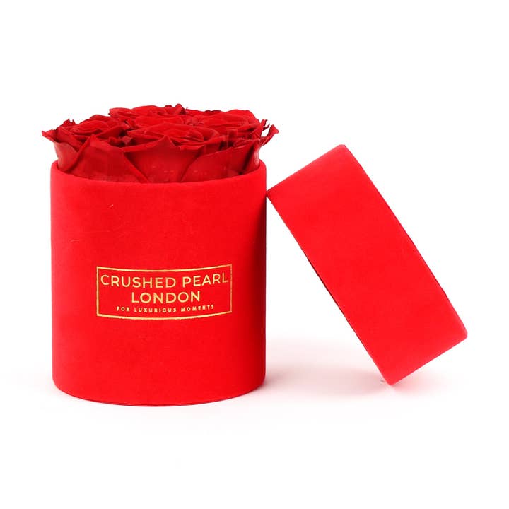 Red Forever Roses - Small Red Suede Hatbox for wholesale by Crushed Pearl