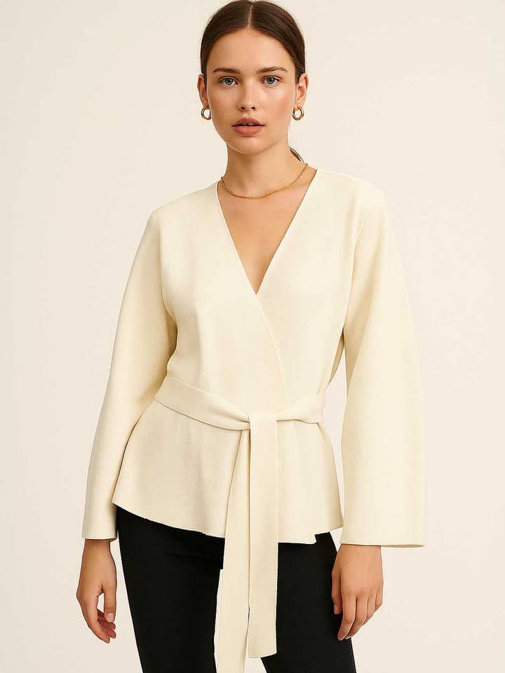 Cardigã de Malha com Fecho Frontal de Laço e Decote em V para Senhoras por atacado de Sweetkama