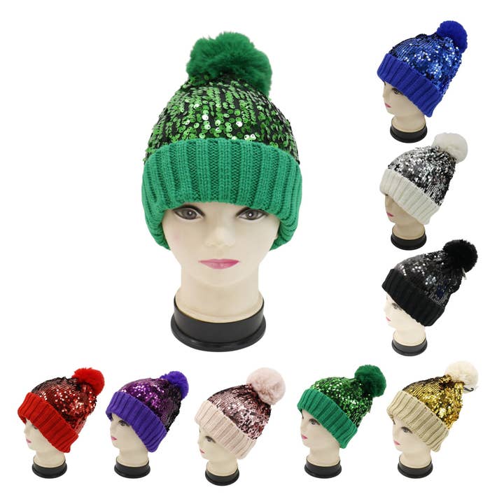 TAPA fashion - Wholesale Beanie – Women's - Pom Pom Sequin Beanie HA3715-1 (3PC)58