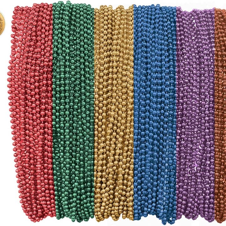Mardi Gras Beads 33 inch 7mm, 12 Dozen, 144 Necklaces with Doubloon- Bulk Party Favors for wholesale by The Mardi Gras Krewe