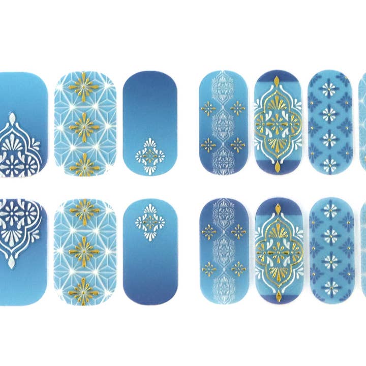 ClebleNails – Engroshandel Negledesign – Boho Blå Ombre Nail Wraps/Gennemsigtig Overlay Blonder Neglestrimler/Eksotisk Blomsterblomst Guld Geometriske Ocean Nail Klistermærker2
