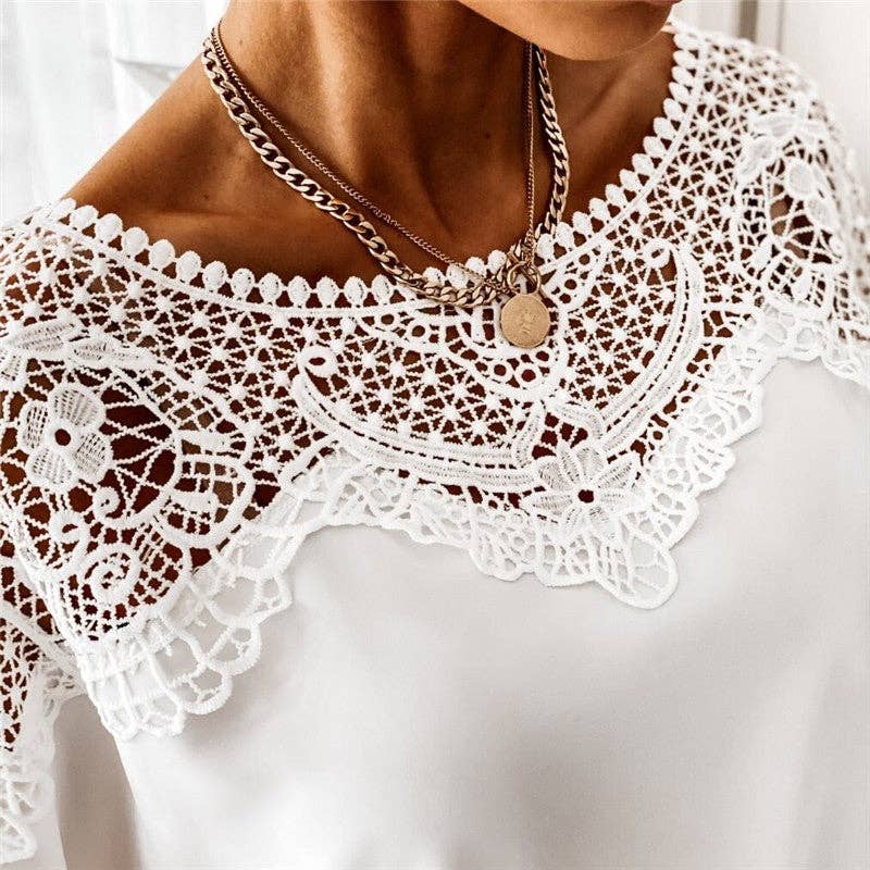 Sheer Trend - Wholesale Blouse - Women's - Round Neck Long Sleeve Lace Trim Shirt2