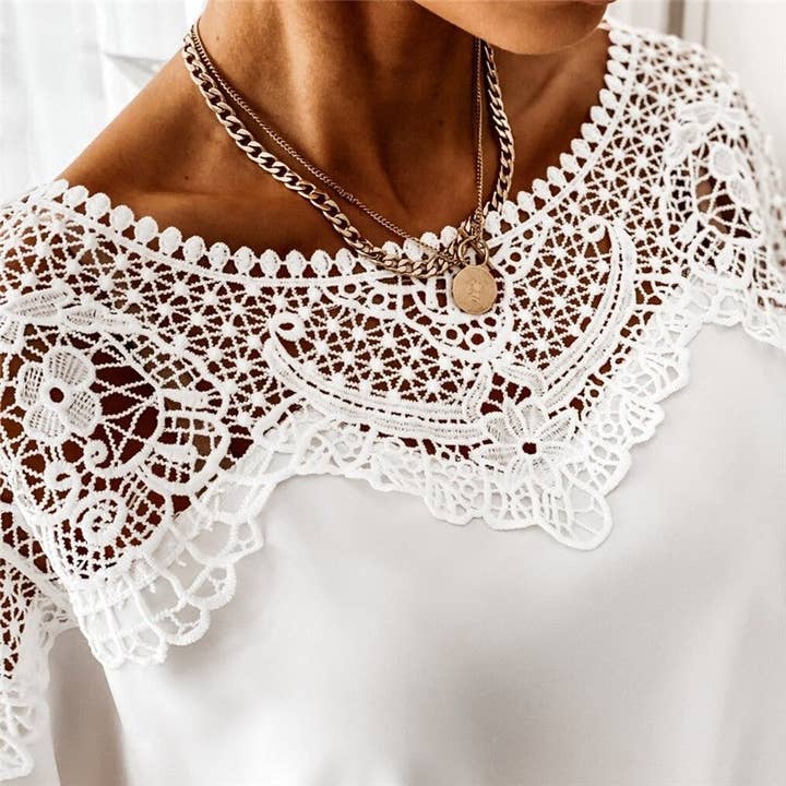 Sheer Trend - Wholesale Blouse - Women's - Round Neck Long Sleeve Lace Trim Shirt2