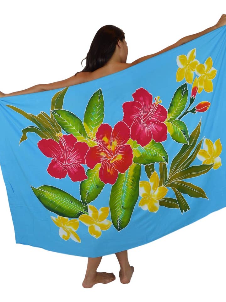 Island Style Clothing Co by Akamai Distribution Ltd - Wholesale Swim Cover Up - Women's - Hibiscus Batik Sarong- Turquoise Pareo Beach Cover Up