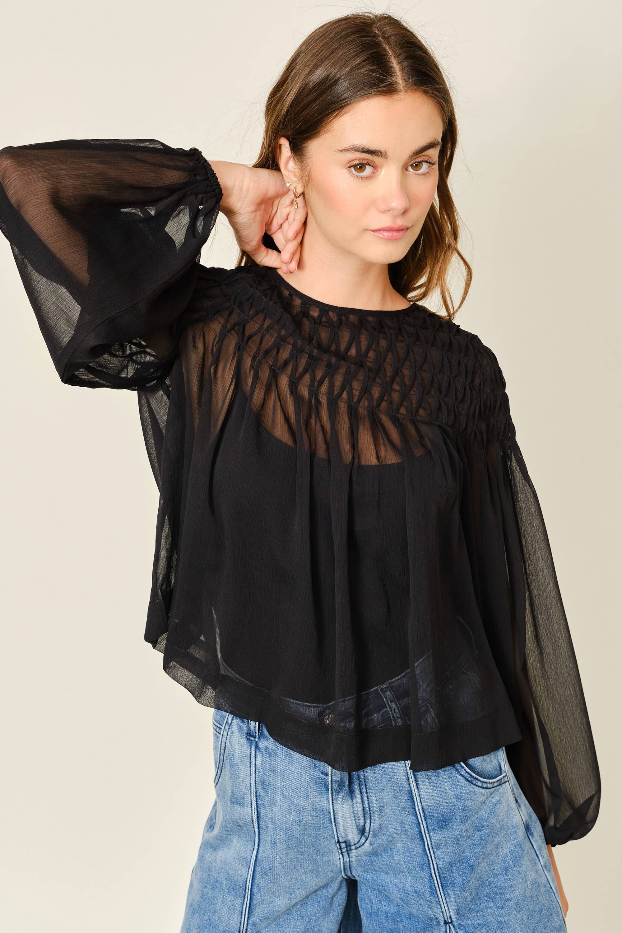 Aaron & Amber - Wholesale Blouse - Women's - AJT5433 SPECIAL SMOCKED DETAIL LONG SLEEVE BLOUSE9
