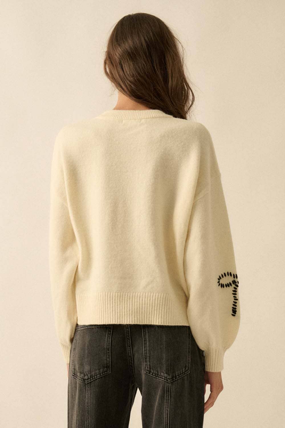 Promesa USA - Wholesale Knit Sweater - Women's - Solid Bow-Embroidered Bubble-Sleeve Sweater7