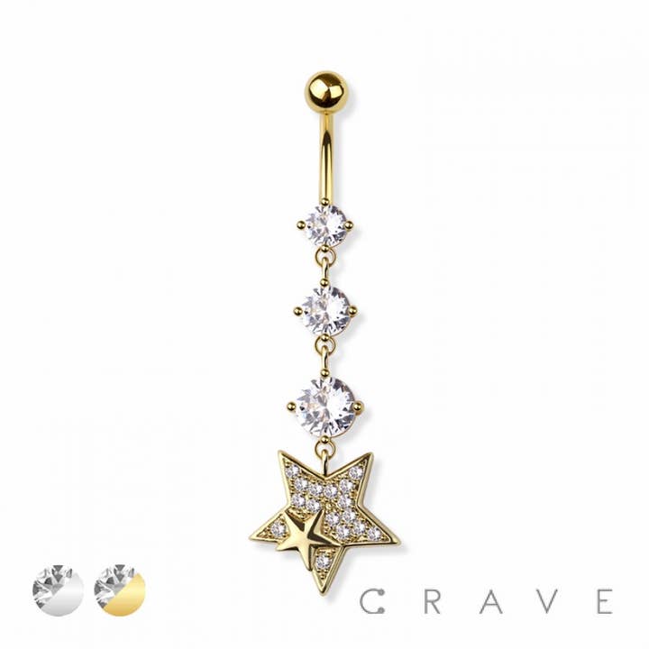 TRIPLE CZ GEM STAR 316L SURGICAL STEEL NAVEL BELLY RING for wholesale by CRAVE