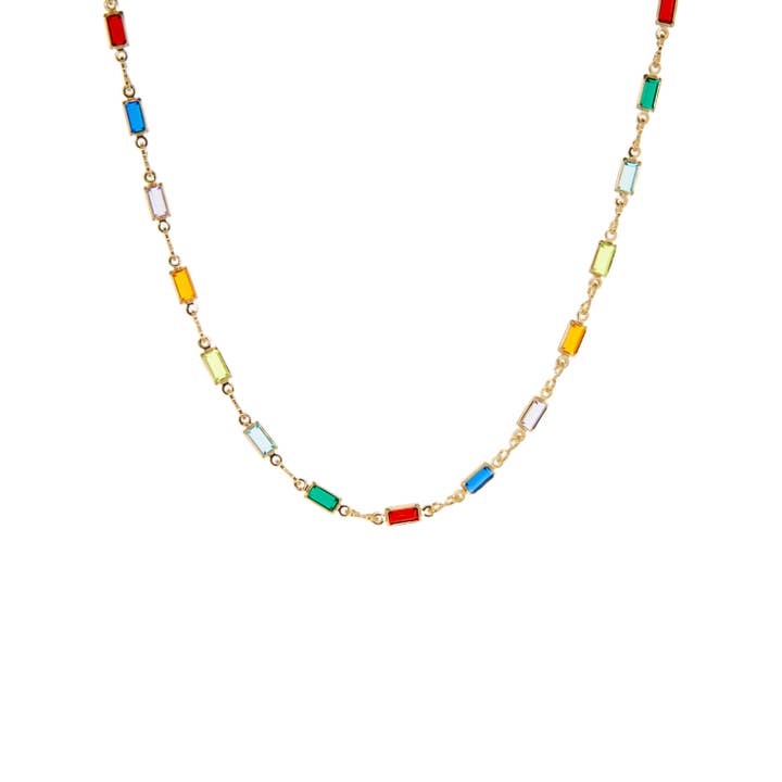 gold plated small rainbow baguette crystal necklace for wholesale by Marlyn Schiff