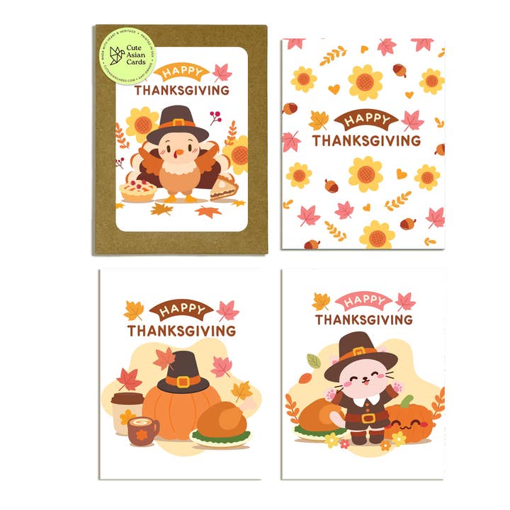 Pilgrim 8 Assorted Thanksgiving Cards | Cute Turkey Asian Greetings Boxed Set for wholesale by Cute Asian Cards
